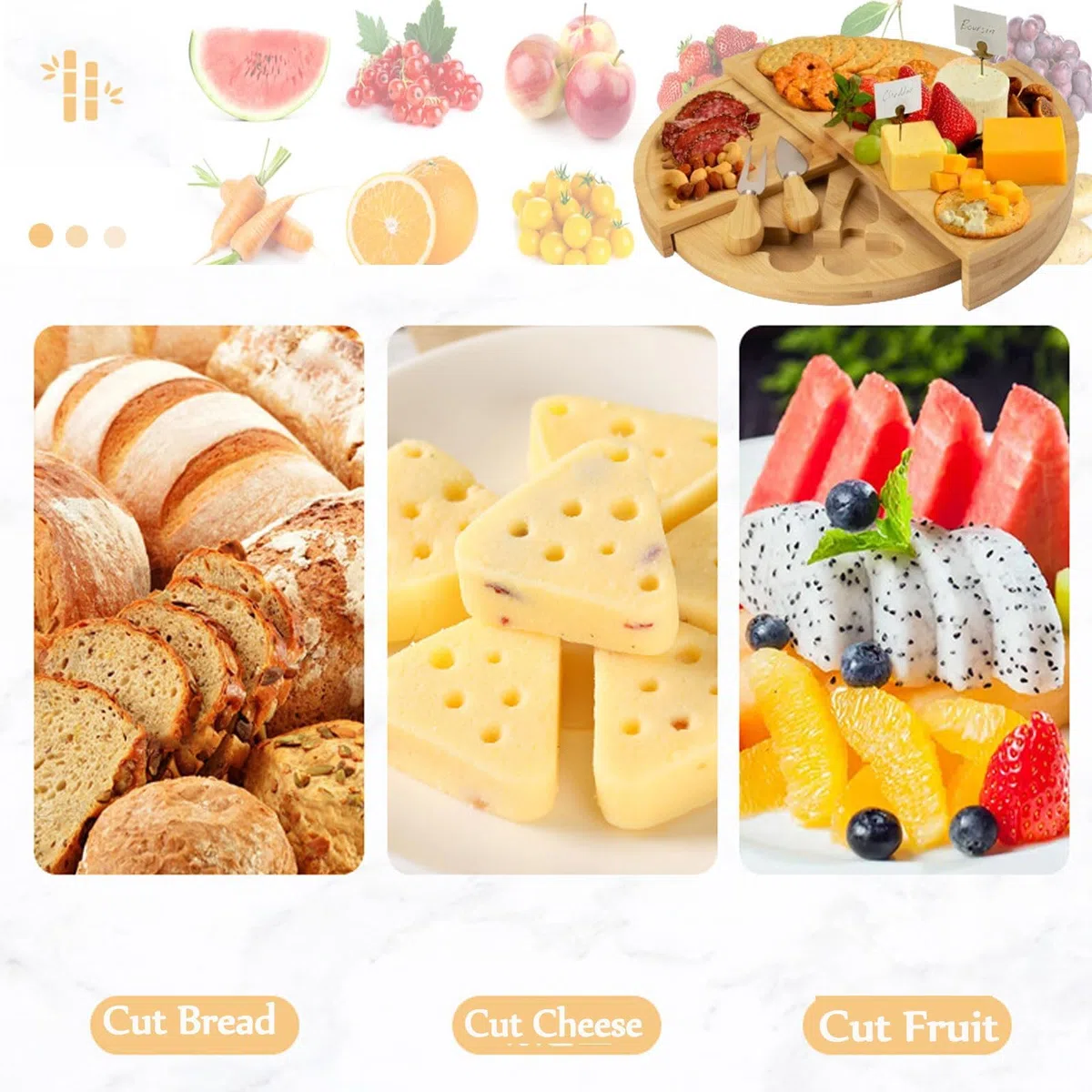 in Legno Tagliere Aperitivo, Rotonda e Girevole Latagliere per Formaggio Set 3 Coltelli 1 Forchetta, Tagliere Legno Regalo Casa Nuova