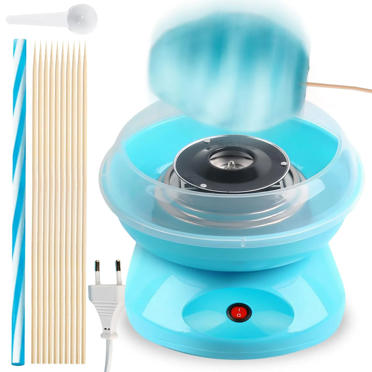 Macchina per zucchero filato retrò Cotton Candy Machine: macchina per zucchero filato con bastoncini e misurino, set di zucchero filato altezza 27 cm per casa compleanno bambini festa blu