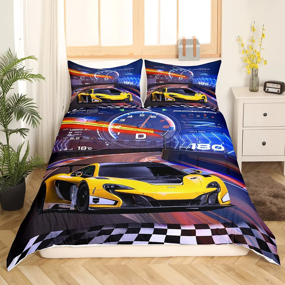 Homemissing Set di Biancheria da Letto con Auto Sportiva Blu e Gialla, Misura Letto Singolo, Auto da Corsa ad Alta Velocità, con 1 Federa con Cerniera