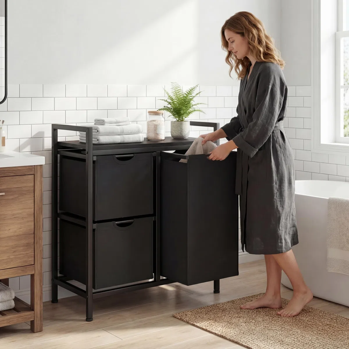 LIFEZEAL Cesto Portabiancheria Salvaspazio con 3 Scomparti, Cesto Biancheria Sporca con Sacchetti Estraibili in Tessuto Oxford da 2 x 17 L e 1 x 41 L, per Bagno, Lavanderia e Camera da Letto (Nero)