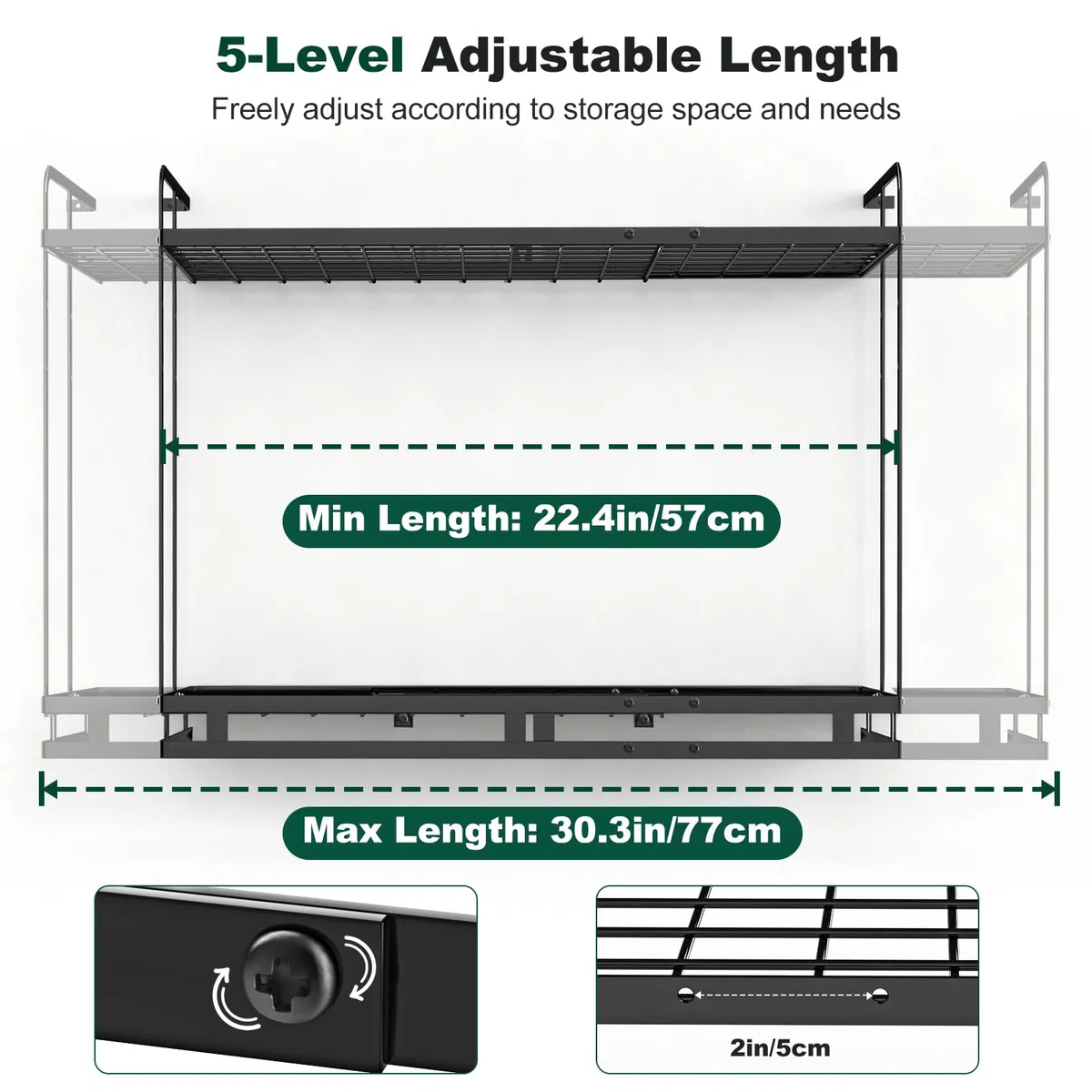 Housolution Porta Pentole da Parete, Lunghezza Estensibile da 57 a 77 cm, Altezza Regolabile su 3 Livelli, Organizer Padelle con 12 Ganci Verticali e 8 Supporti per Coperchi