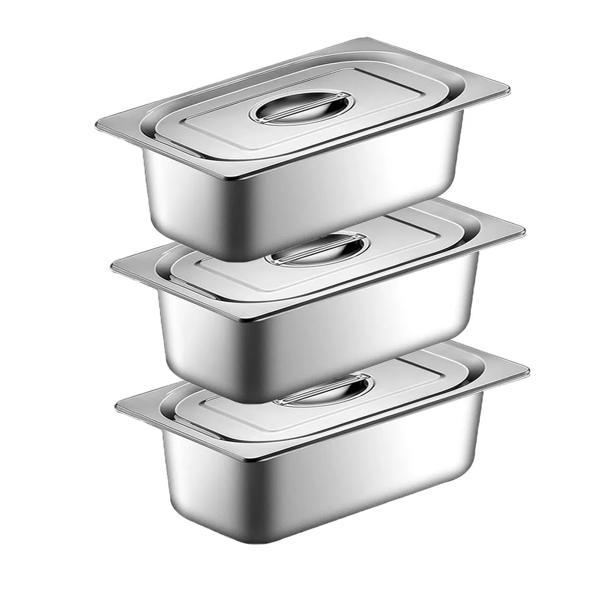 Set ciotole per impanare 3 pezzi, Contenitore GN 1/3, Contenitori acciaio con coperchio, 32,5 x 17,5 x 6,5 cm, cotoletta carne - linea per impanare in metallo rettangolare