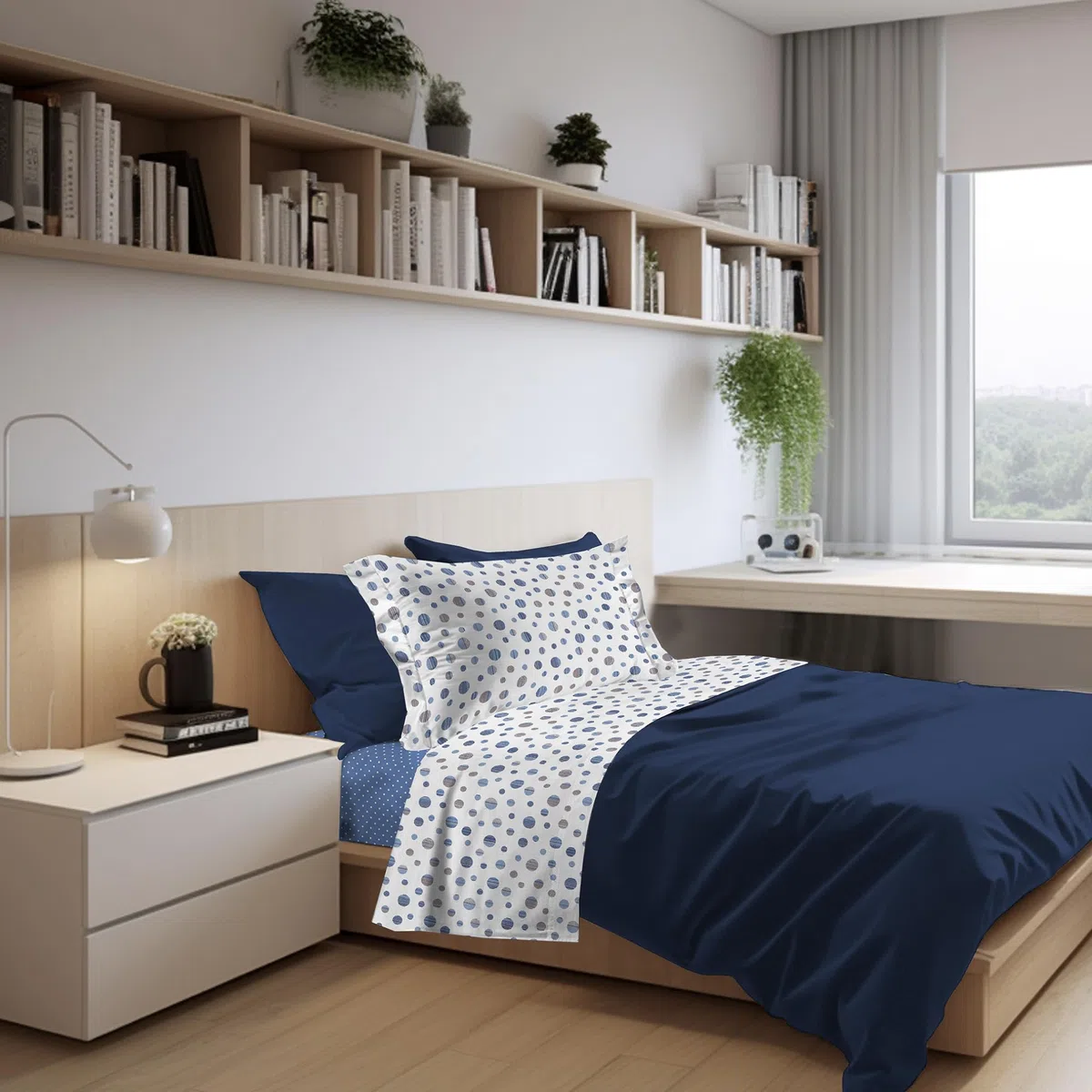 PENSIERI DELICATI Completo Letto Singolo in Percalle 100% Cotone, Completo 160x300 Comprensivo di Lenzuolo Sotto, Lenzuolo Sopra e 1 Federa a due Volant, Made in Italy, Fantasia Dandy Azzurro