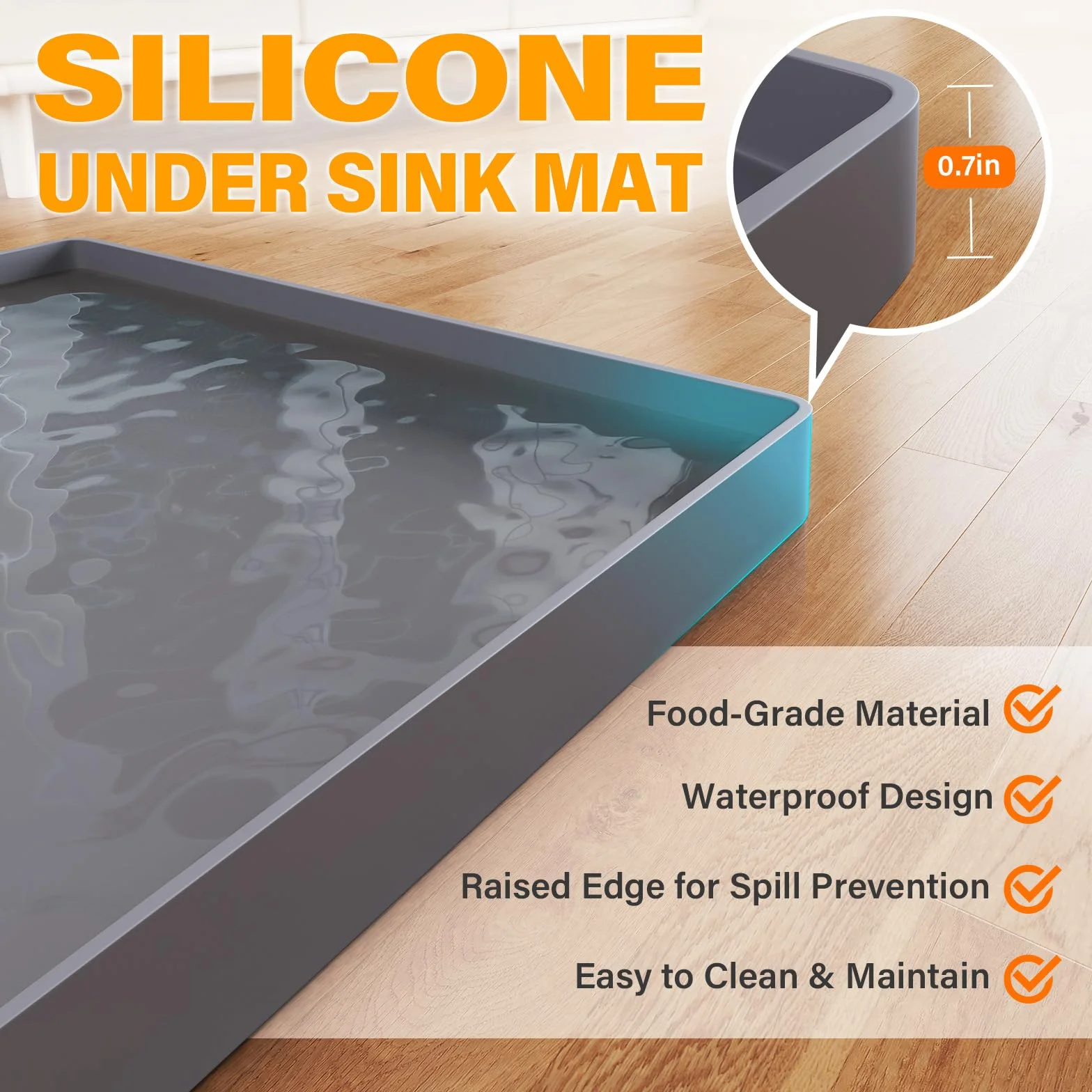FLATO Tappetino impermeabile sotto il lavandino 86,4 x 48,3 cm, rivestimento per ripiano per cucina e bagno, protezione per armadietti, organizer e stoccaggio, vassoio antigoccia in silicone