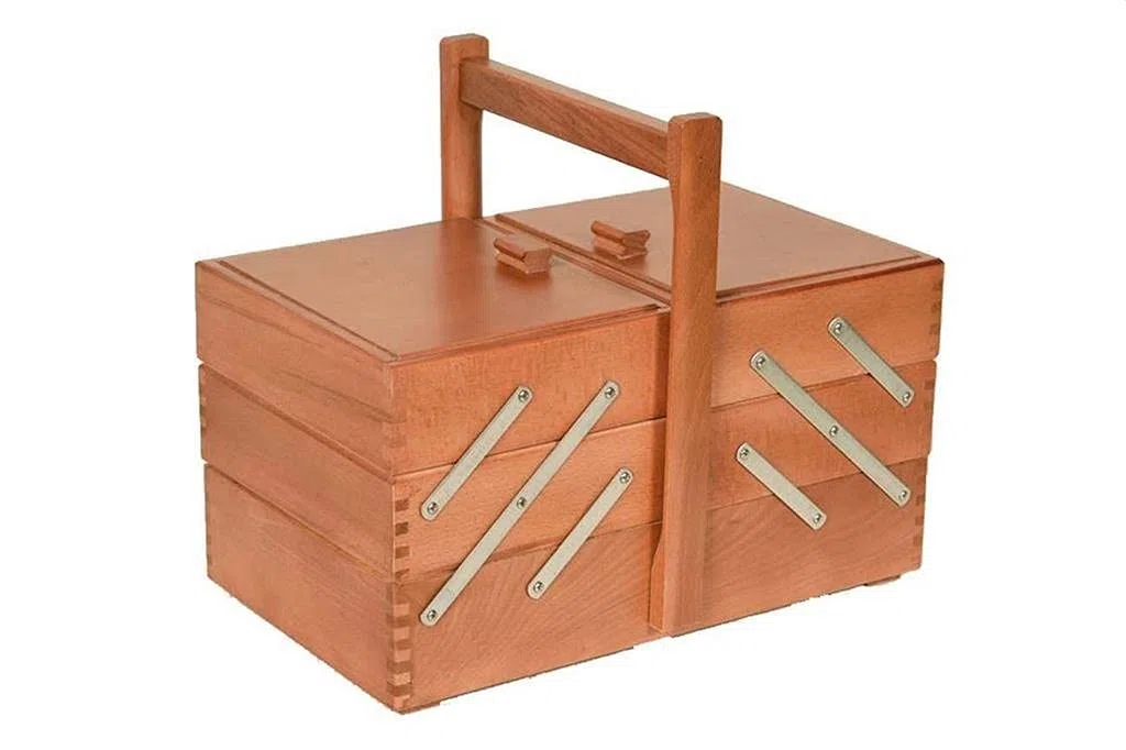 Cestino cucito portalavoro, 3 piani, in legno, scatola porta accessori cucito e sartoria 34 x 22 x 29 cm (Legno scuro (noce))