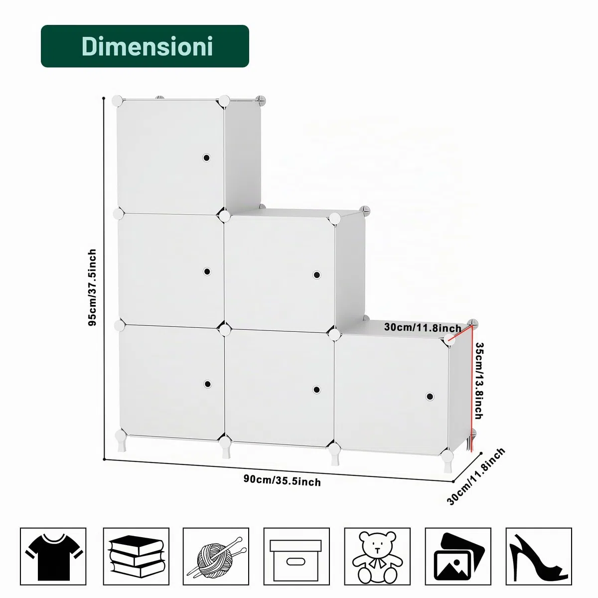 Mobiletto a cubo con anta, 6 cubi, progettato per camera da letto, armadio a cubo e sotto le scale, ogni scomparto 30 x 30 x 30 cm, bianco ATTSL6002
