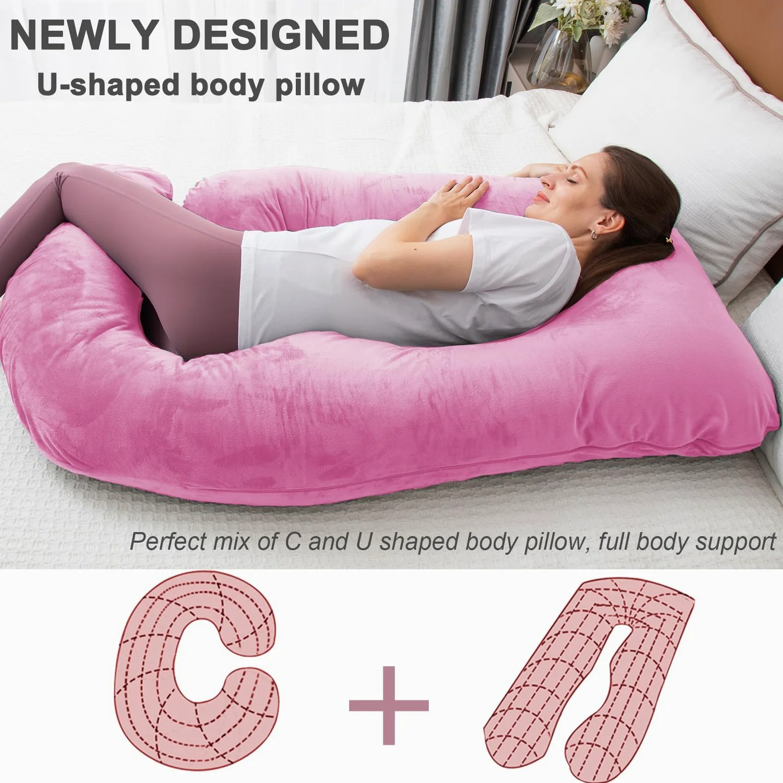 Cuscino gravidanza in memory foam triturato per dormire, cuscino maternità per donne incinte, supporto addominale, corpo intero a forma di U (memory foam, viola chiaro)