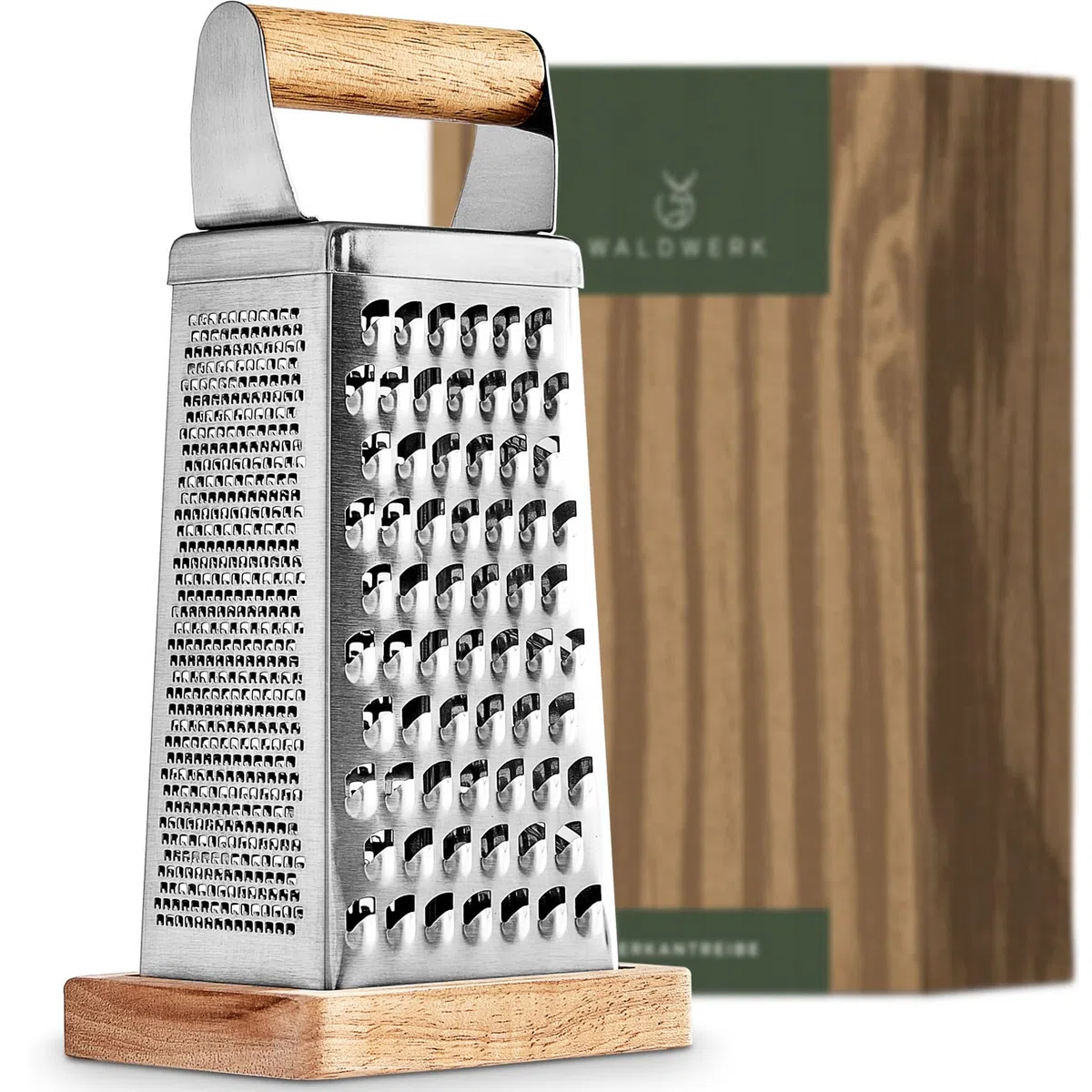 WALDWERK Grattugia Design (24,5x10,5 cm) – Grattugia formaggio manuale in acciaio inox con lame incise – Grattugia verdure con vassoio raccoglitore in legno massello senza plastica