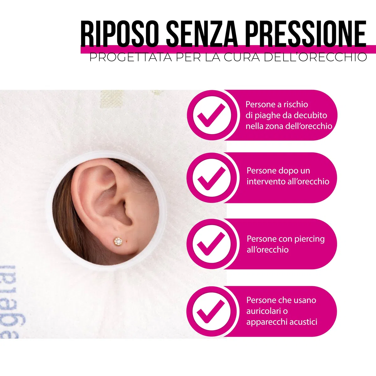 Ubio Cuscino per Condrodermatite, Cuscino Antidecubito Orecchio Piercing, Federa in Bambù Traspirante e Antibatterica, Ergonomico 50x42x11 cm con Foro Centrale, Allevia la Pressione, Made in Spagna