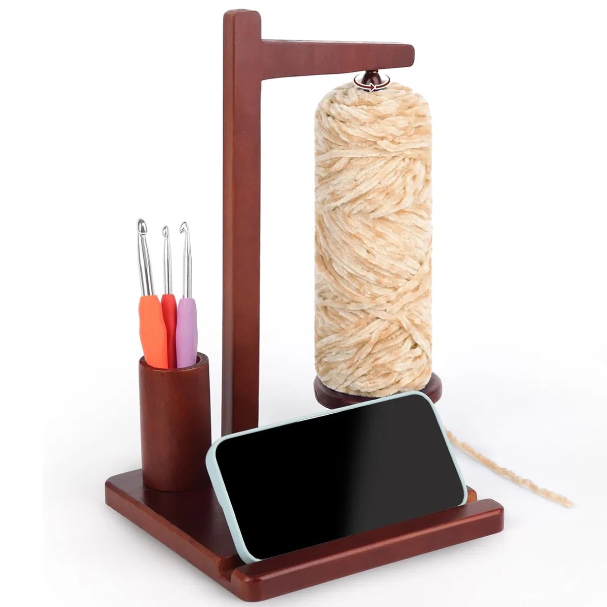 Porta Gomitolo Magnetico in Legno, Supporto Filo Multifunzione con Portacellulare & Custodia, Accessorio Portatile per Uncinetto, Maglia, Idea Regalo per Appassionati