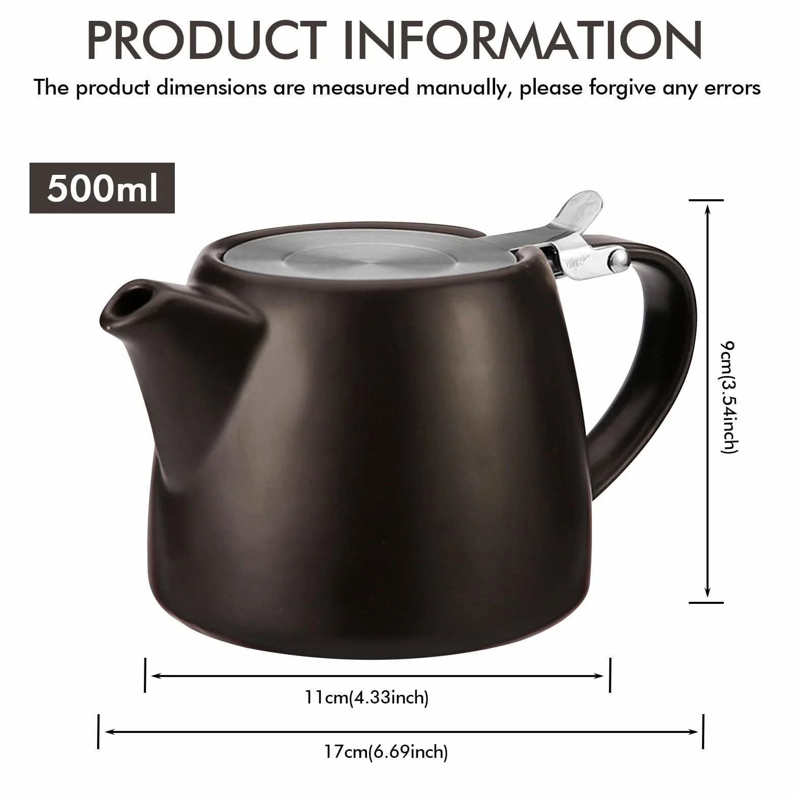 Teiera in porcellana: caffettiera in ceramica nera con infusore, 500 ml Teiera in ceramica con coperchio in acciaio inox, bollitore per caffè, stoviglie in porcellana, teiera da tè