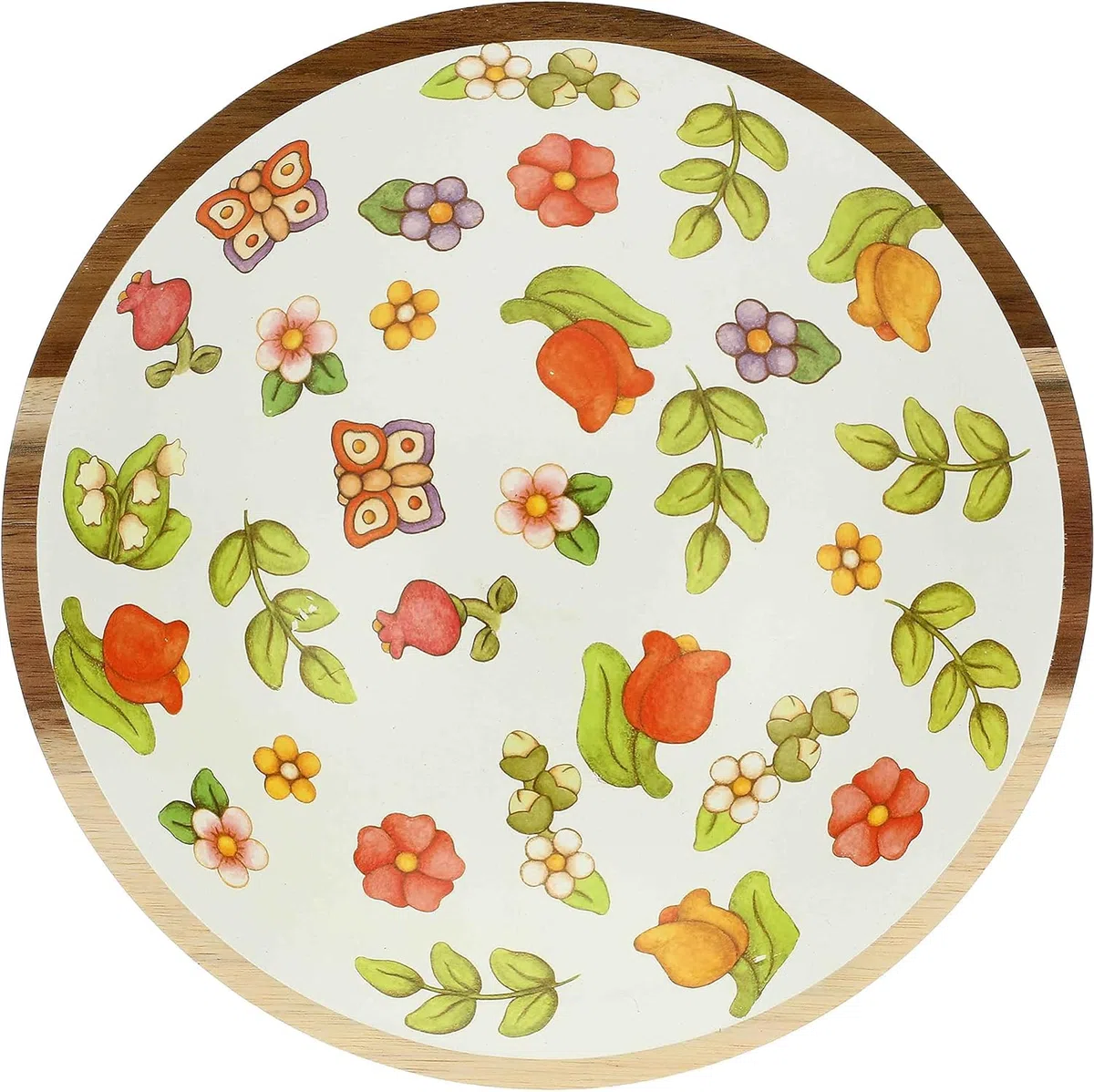THUN, Ciotola in Legno d'Acacia Smaltato Decorato a Mano con Motivi Floreali, Versione Maxi, Linea Happy Country, 23x23x6.5 cm