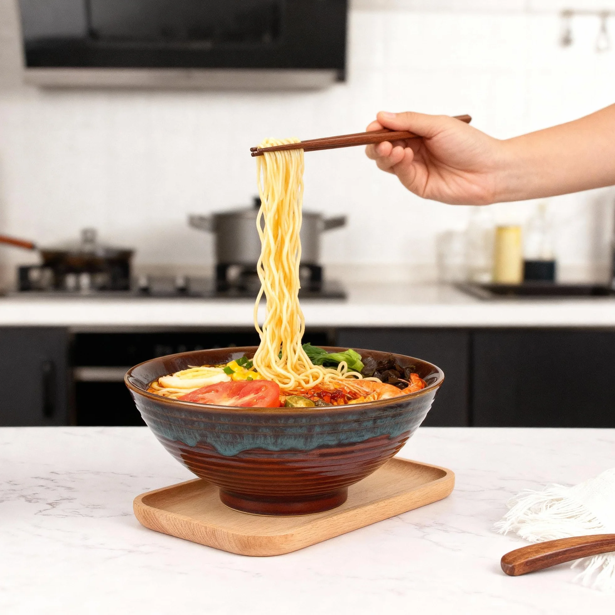 JIYANA 2 x 1200ml Ciotola Ramen in Ceramica con Bacchette e Cucchiai, Ciotole Ramen Giapponesi 20cm, Ramen Bowl Set per Ramen e Noodles, Ciotole Ceramica Bowl per Casa Uso Quotidiano