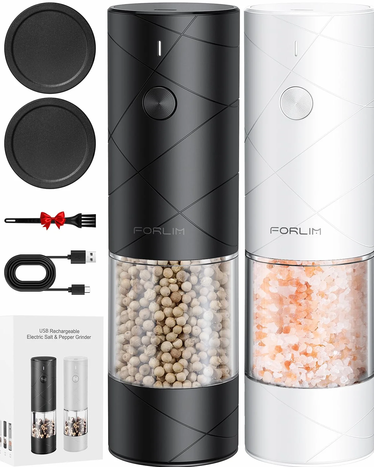 FORLIM Set macina sale e pepe elettrico ricaricabile tramite USB, macinapepe elettrico con LED, con macina in ceramica regolabile, macinino spezie, 7 livelli di spessore regolabili (nero + bianco)