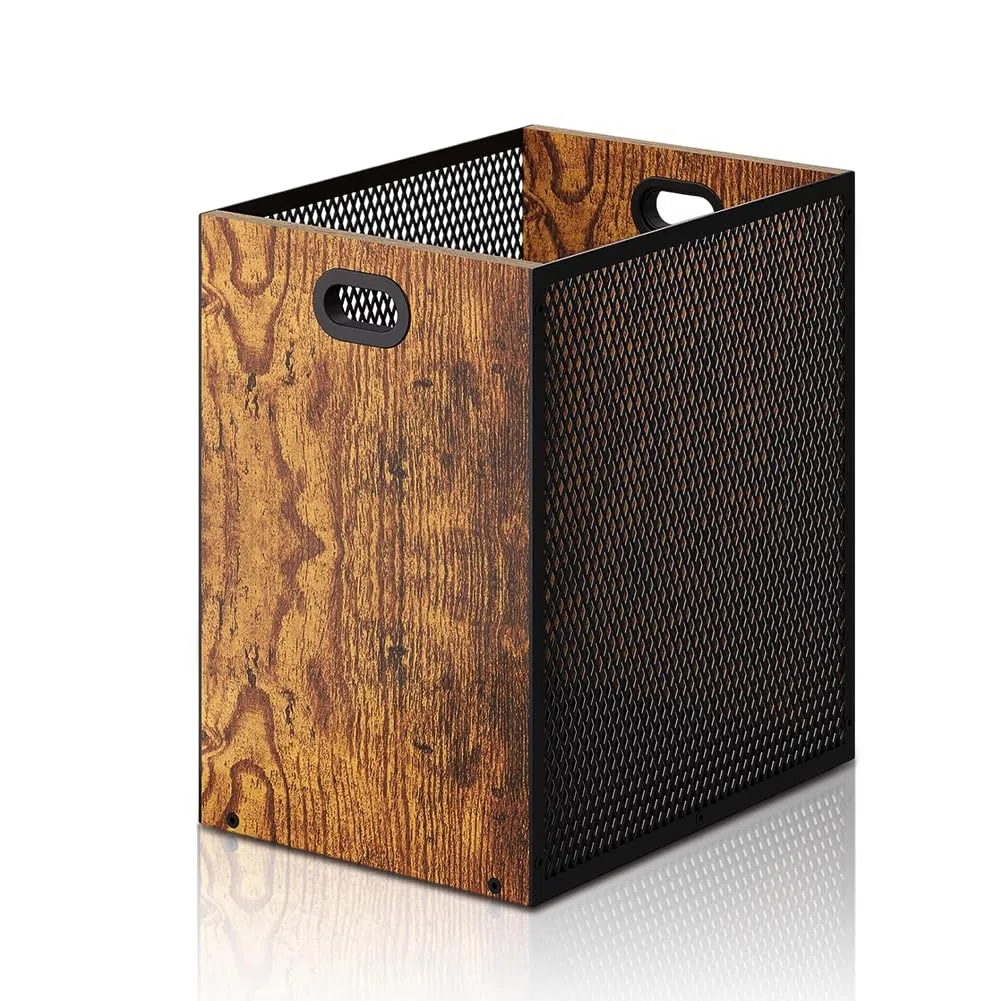 Cestino per la Spazzatura in Legno, 16,8 l, Grande con Design Retrò, per Camera da Letto e Ufficio, Griglia in Ferro con Manico, 28 x 20 x 30 cm