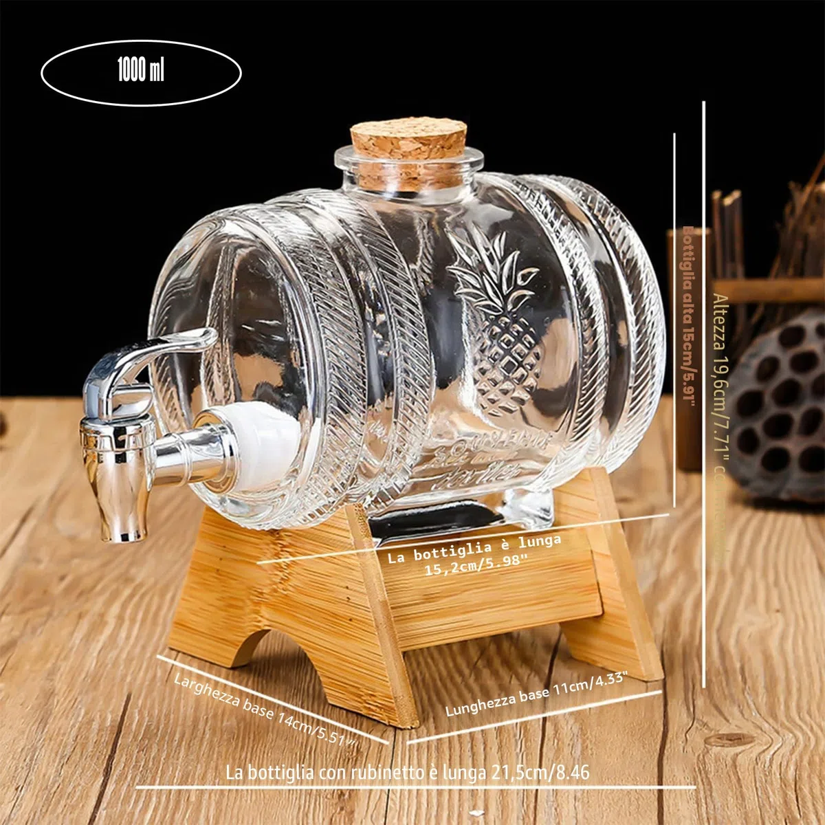 Dispenser per bevande a forma di barile da 1 L, caraffa per whisky per alcolici con rubinetto, dispenser trasparente con base in legno per vino, botte per whisky, limonata (JS-1)