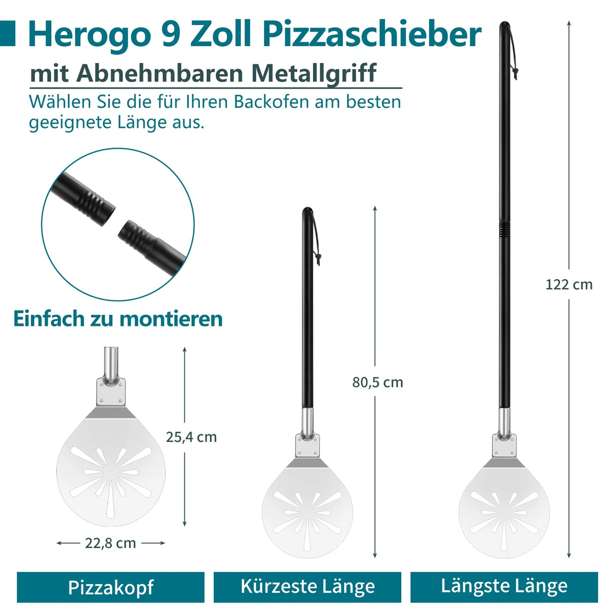 Herogo Pala per pizza, 9 pollici in acciaio inossidabile forato, accessorio in metallo con manico rimovibile, superficie liscia e sicuro per il forno, 9 pollici