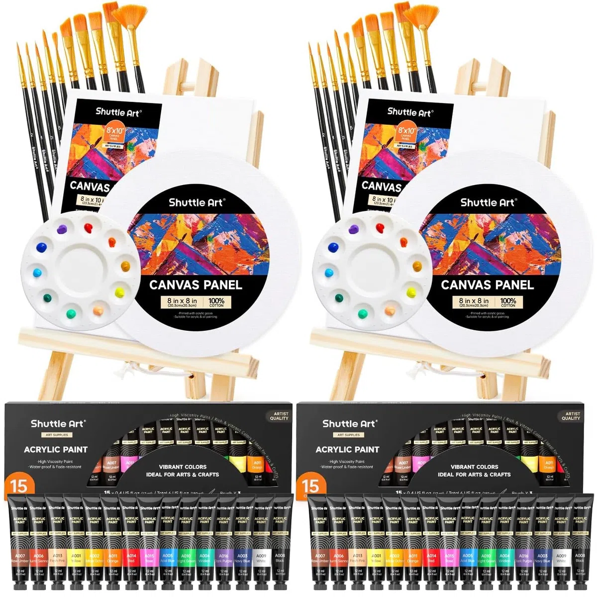 Shuttle Art Set di 58 Pezzi Colori Acrilici, Set per Pittura con 2 Confezioni da 15 Colori Acrilici, 2 Set di Cavalletti in Legno, Tela, Pennelli e Tavolozze, Set di Tela e Pittura per Adulti, Bambini
