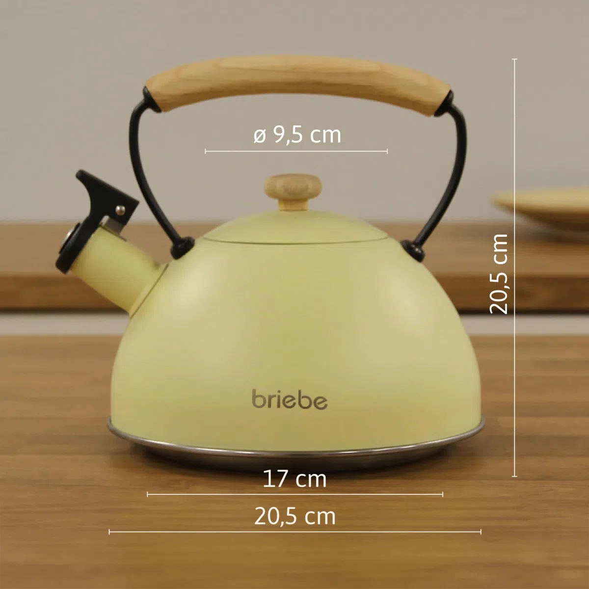 briebe Retro Bollitore Induzione a Fischio 2,3 L, Acciaio Inossidabile, Tutti Fornelli: Vetroceramica, Gas, Elettrico, Manico in Legno Cool Touch, per Tè, Caffè, Vintage, Tea Pot, Giallo