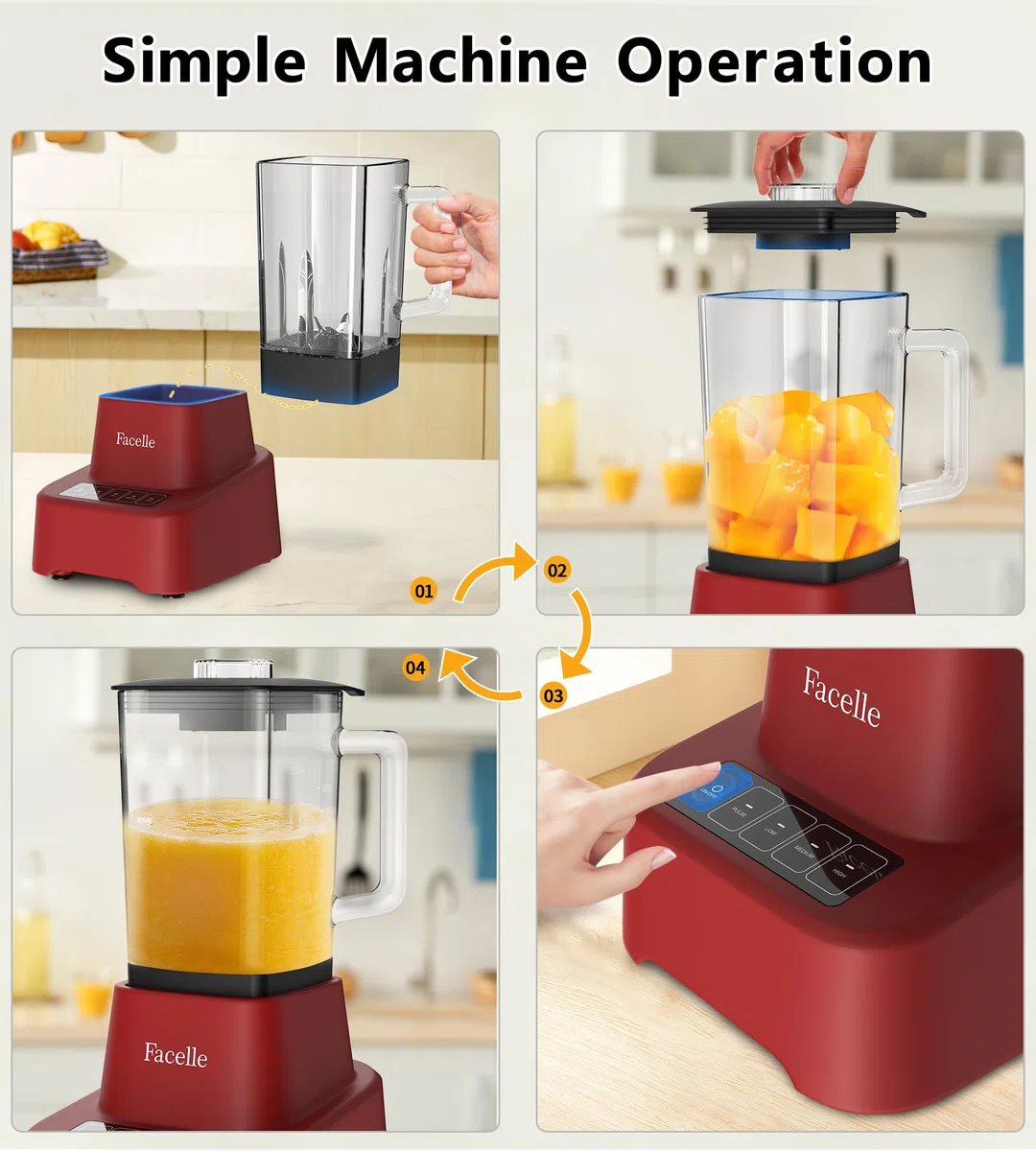 Facelle Frullatore Elettrico per Cucina, Frullatore in Vetro da 1,6L per Frullati e Frappè, con touchscreen 3+P Velocità, Spazzola per la Pulizia e Lama in Acciaio Inox Removibile - Rosso