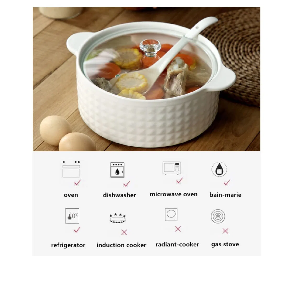 Tureen da zuppa con coperchio e mestolo, set da 2 l, in ceramica con coperchio in vetro, ciotole da zuppa con doppio manico, porcellana, bianco, adatto al microonde e lavastoviglie