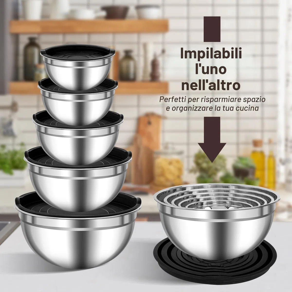 Zanfqvo Ciotole Miscelatori in Acciaio Inox, Set di 5 Insalatiera con Coperchio Ermetico, 0.7L/ 1.1L/ 1.5L/ 2.7L/ 4.5L, Ciotola Impilabili in Metallo, Lavabili in Lavastoviglie, insalatiere mescolare