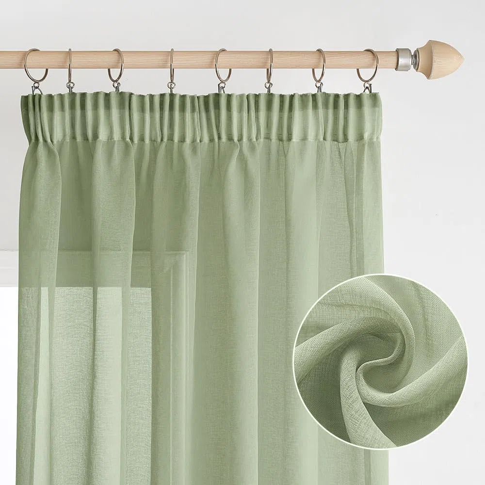 EMEMA Sheer - Set di 2 tende in voile, con fettuccia arricciata, trasparenti, in voile, poliestere, trasparente, per soggiorno, camera da letto, 140 x 260 cm (larghezza x altezza), colore verde salvia