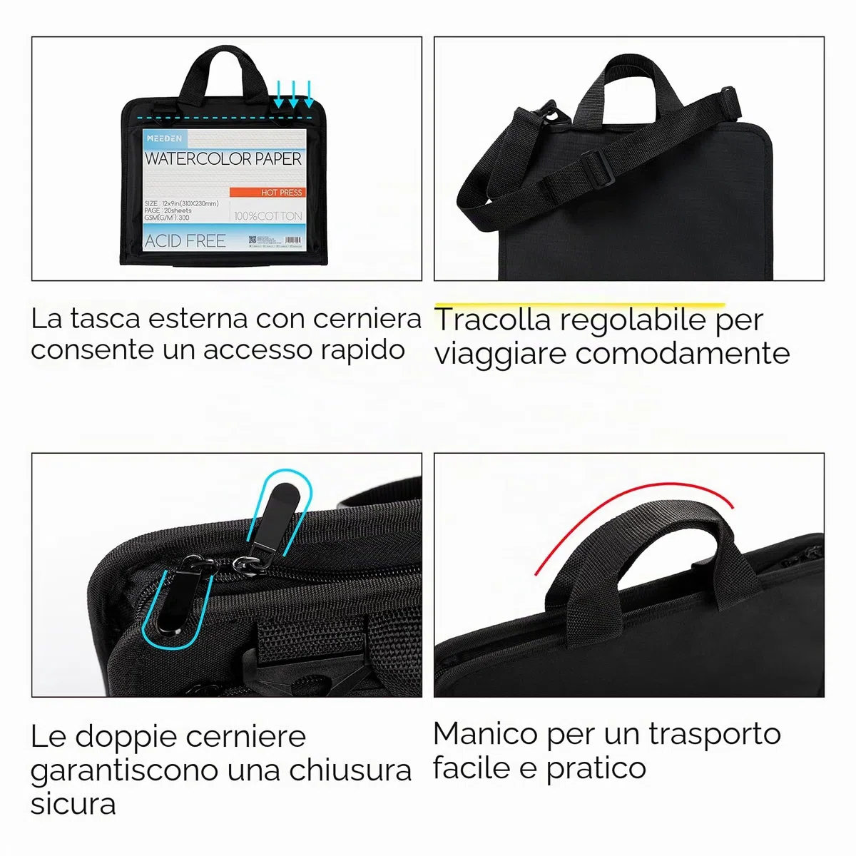 MEEDEN Art Portfolio Sketch Bag: custodia portatile per artisti, per album da disegno e acquerelli da 22,9 x 30,5 cm, con cerniera, per pennelli e penne, accessori artistici su tela, Nero, Forniture