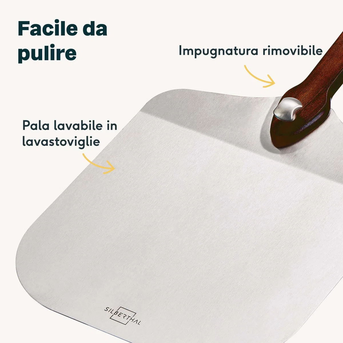 SILBERTHAL Pala per pizza corta - Acciaio inox 30 cm - Manico pieghevole - Proffessionale e rettangolare