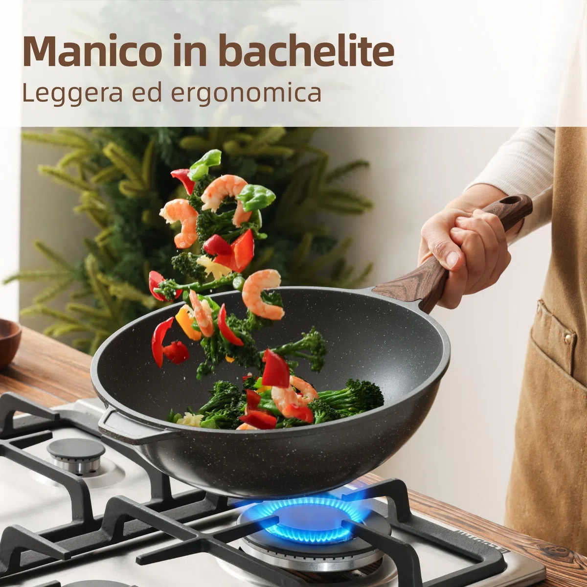 SENSARTE Wok Antiaderente in Alluminio 28 cm con Coperchio, Rivestimento Granito Svizzero ILAG Senza PFOA, Manico Ergonomico, Adatto a Induzione, Cucina Sana