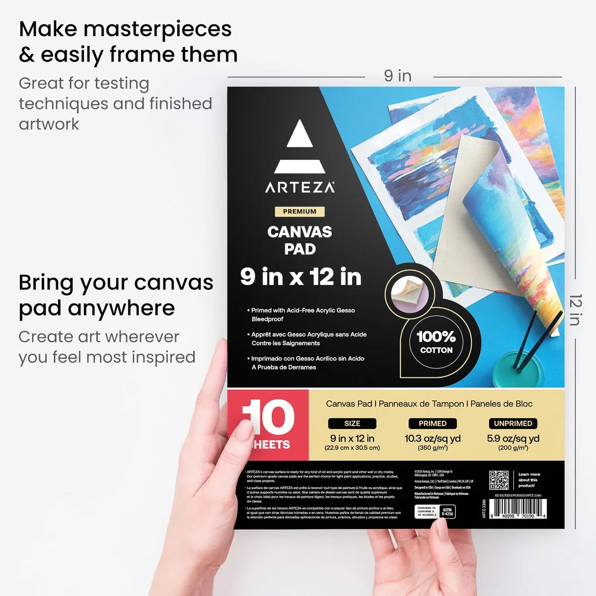ARTEZA Album con Fogli in Tela per Dipingere 22,9x30,5 centimetri, Set di 2, 100% Cotone, Preparati con Gesso Privo di Acidi e Rilegati a Colla