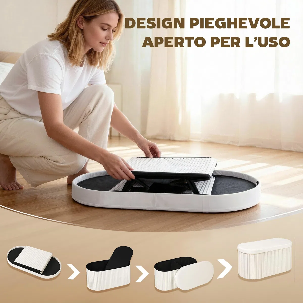 HOMCOM Pouf Contenitore Pieghevole, Panca Moderna Imbottita con Rivestimento in Velluto, Poggiapiedi con Contenitore da 72L per Salotto e Camera, 76x38x35 cm, Crema