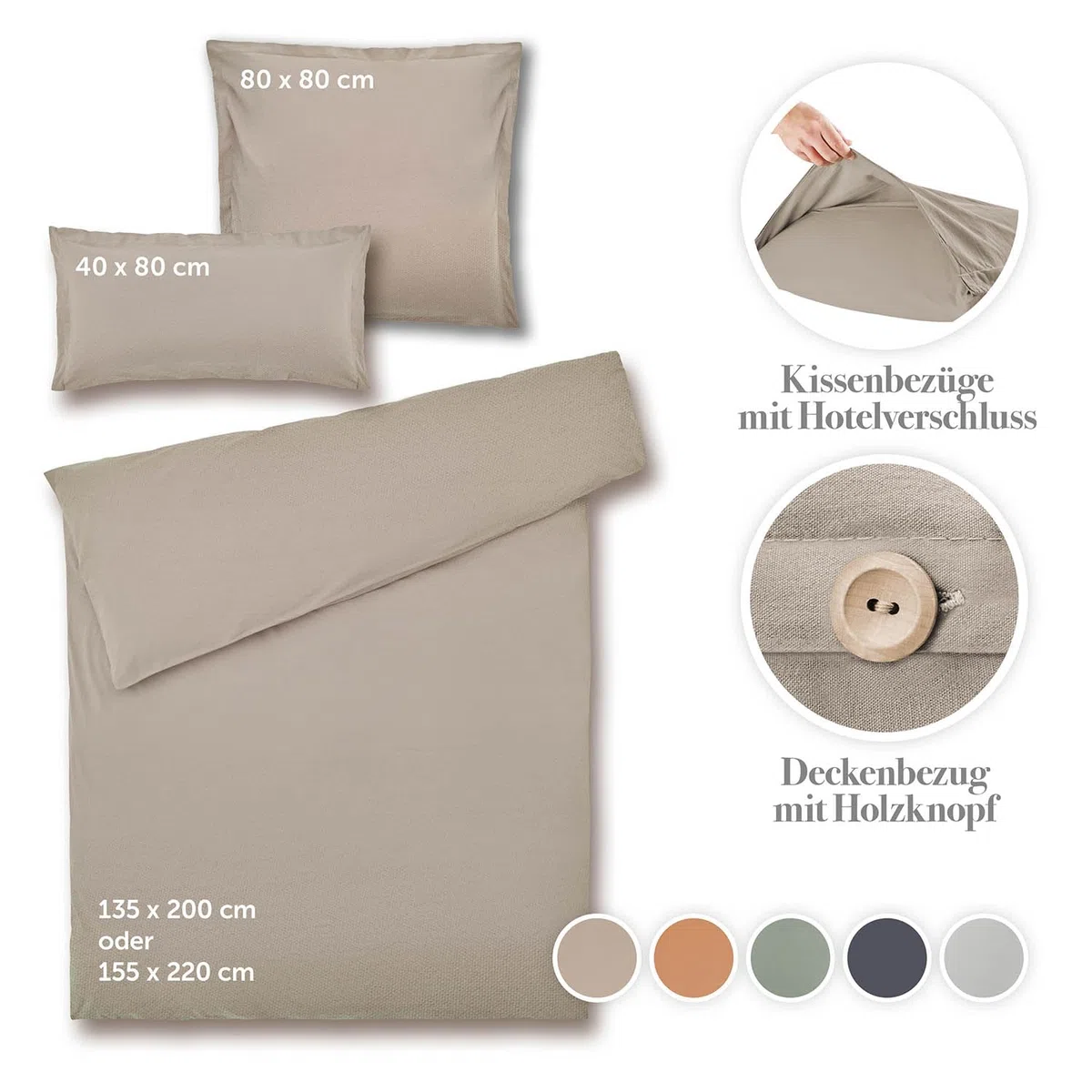 Blumtal Biancheria da Letto Stone Washed 135x200cm Lino e Cotone 40x80cm Alternativa Mussola Set Copripiumino 135x200 + 40x80 – Taupe