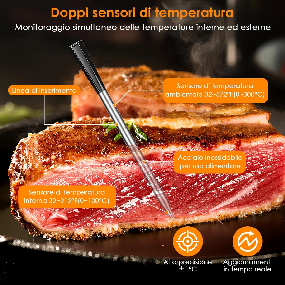 Dreamhigh® Termometro per Carne con Bluetooth, 2 Sond, Termometro Alimentare Impermeabile IP67​, 0-300 °C, Ideale per BBQ, Grigliate, Affumicatori, Forni, Cucina