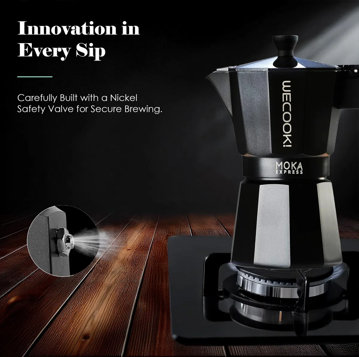 WECOOK! Bella Caffettiera Moka Nera in Alluminio, 12 Tazze (600 ml), Guarnizione in Silicone e Valvola di Sicurezza, Adatta per Gas, Elettrico e Vetroceramica – Non Adatta all’Induzione