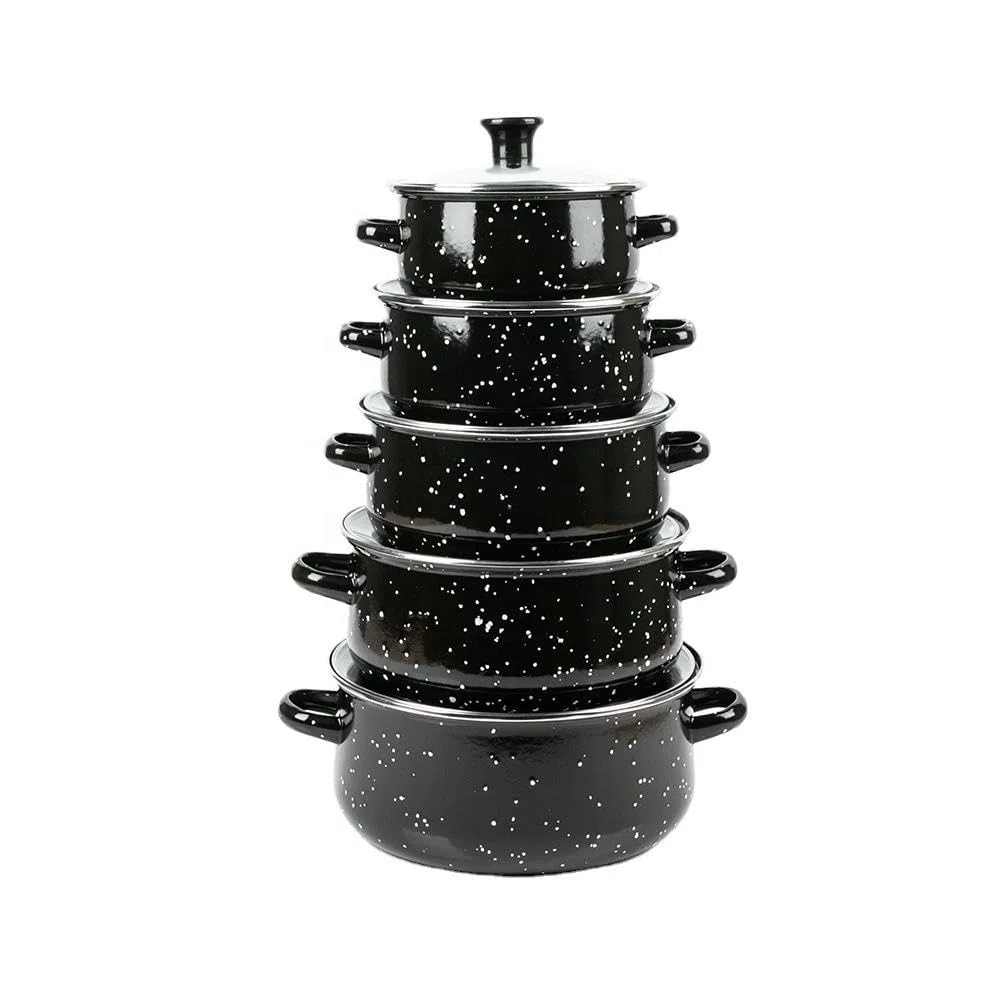 Herzberg HG04128 - Set di 10 pentole e padelle con coperchi in vetro, smalto nero, manici confortevoli, dimensioni versatili (16-24 cm), durata superiore, facile da pulire