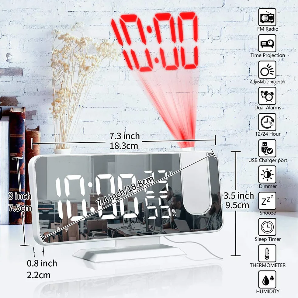 Sveglia a proiezione, sveglia digitale a LED con superficie specchio, porta di ricarica USB, ripetizione, doppio allarme, radio FM, modalità 3Dimming, umidità della temperatura, regolazione 12