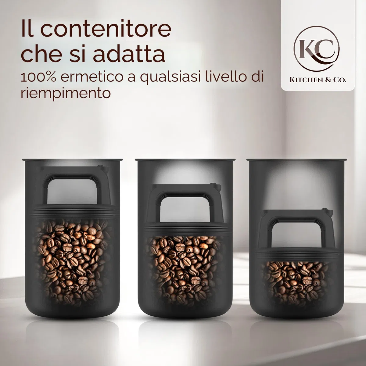 KC Kitchen & Co. Barattolo ermetico per chicchi di caffè da 1 kg, con coperchio sottovuoto (supporto per caffè, tè, barattolo in acciaio inox, chiusura aroma, barattolo di latta, nero opaco, 2800 ml