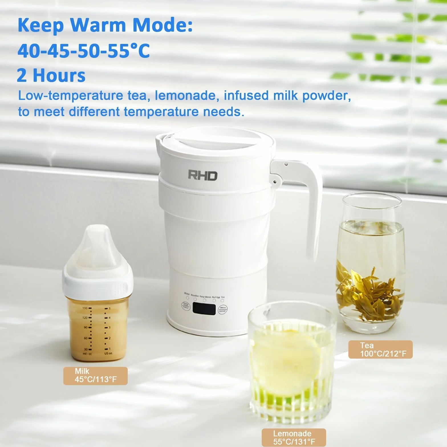 Bollitore da viaggio, bollitore elettrico piccolo con pannello multifunzionale, bollitore pieghevole con funzione di mantenimento in caldo e avvio ritardato, 0,7L, 1000W, Fondo in acciaio inox, bianco