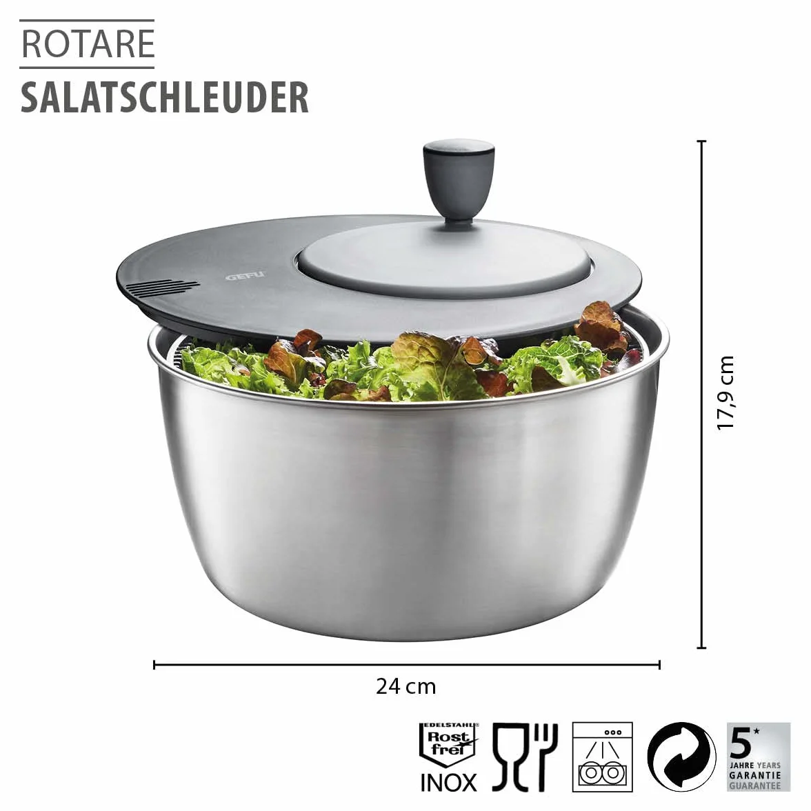 GEFU GF28180 - Centrifuga per insalata, Ø 25 cm, H 17,2 cm, 3 litri, argento