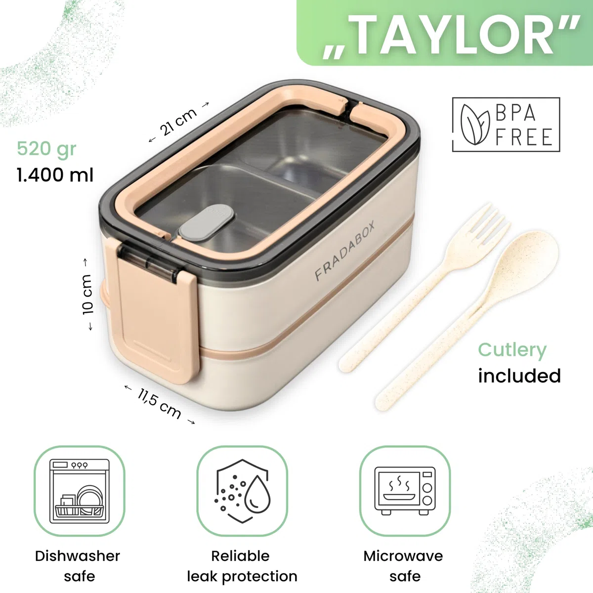 Bento - Contenitore per il pranzo "Taylor", 2 ripiani con scomparti, in acciaio inox di alta qualità, senza BPA, con posate, ideale per i viaggi, Meal Prep Bento Box per adulti, a prova di