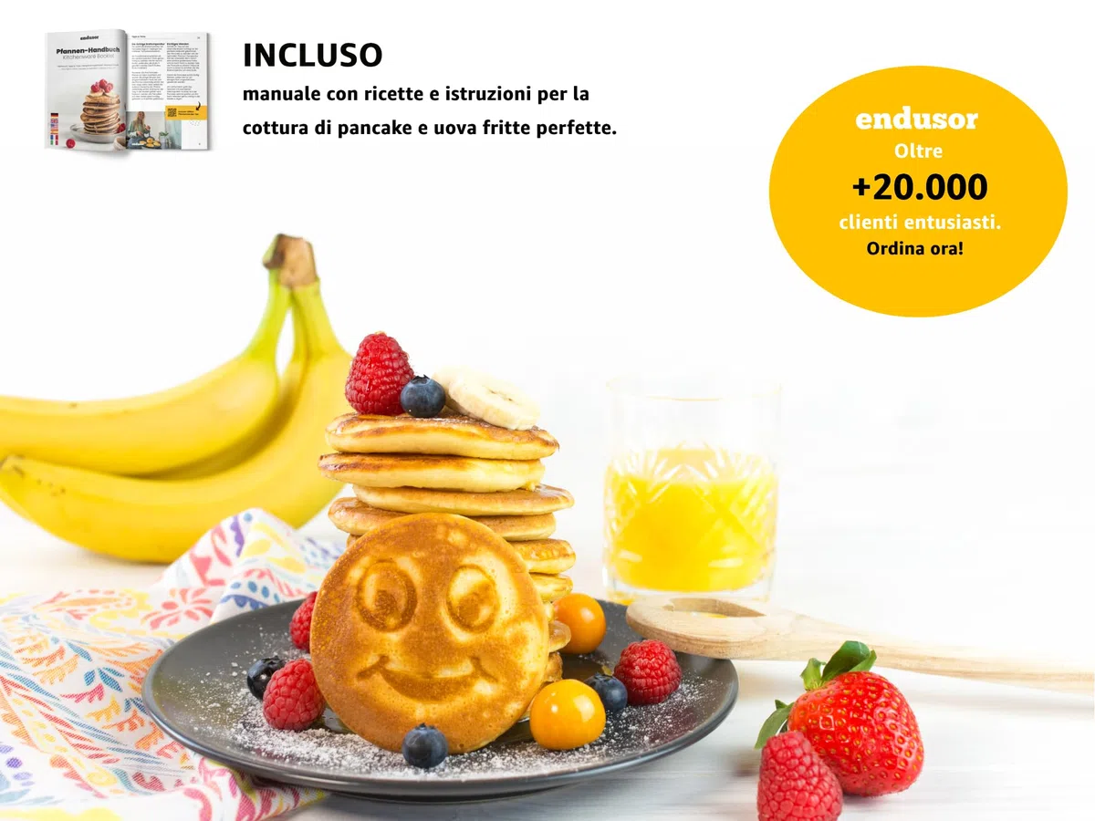 endusor Padella per Pancake con Faccine per Bambini - Ø26cm Padella per Pancakes smiley antiaderente | Per Fornelli a Induzione Gas Ceramica Elettrici Alogeni | Piastra 7 stampi per Pancakes Smiley