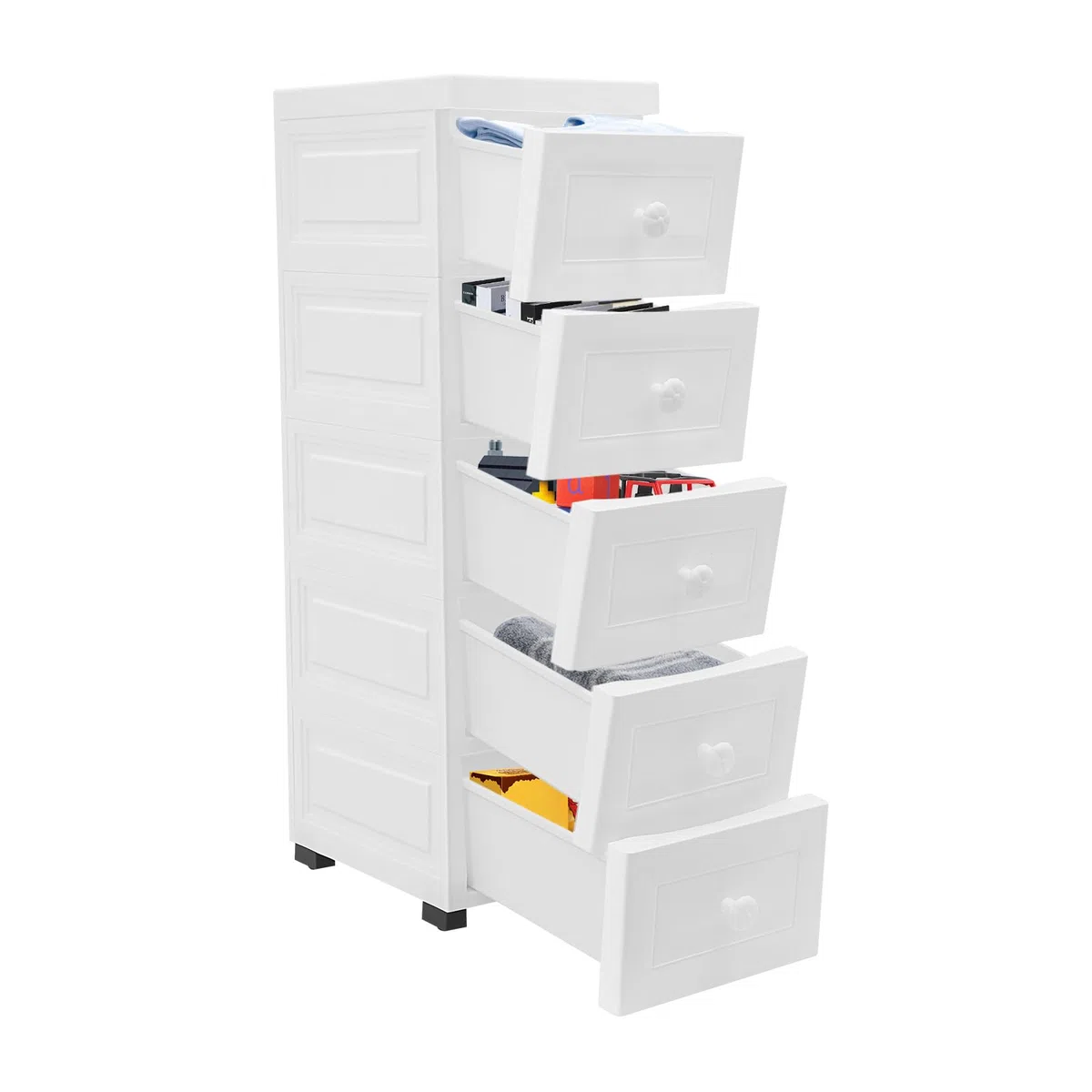 Cassettiera a 5 cassetti, bianco, carrello da cucina e carrello da bagno con ruote, carrello da cucina, scaffale da bagno, altezza 82 cm, grande capacità per soggiorno, camera da letto e ufficio
