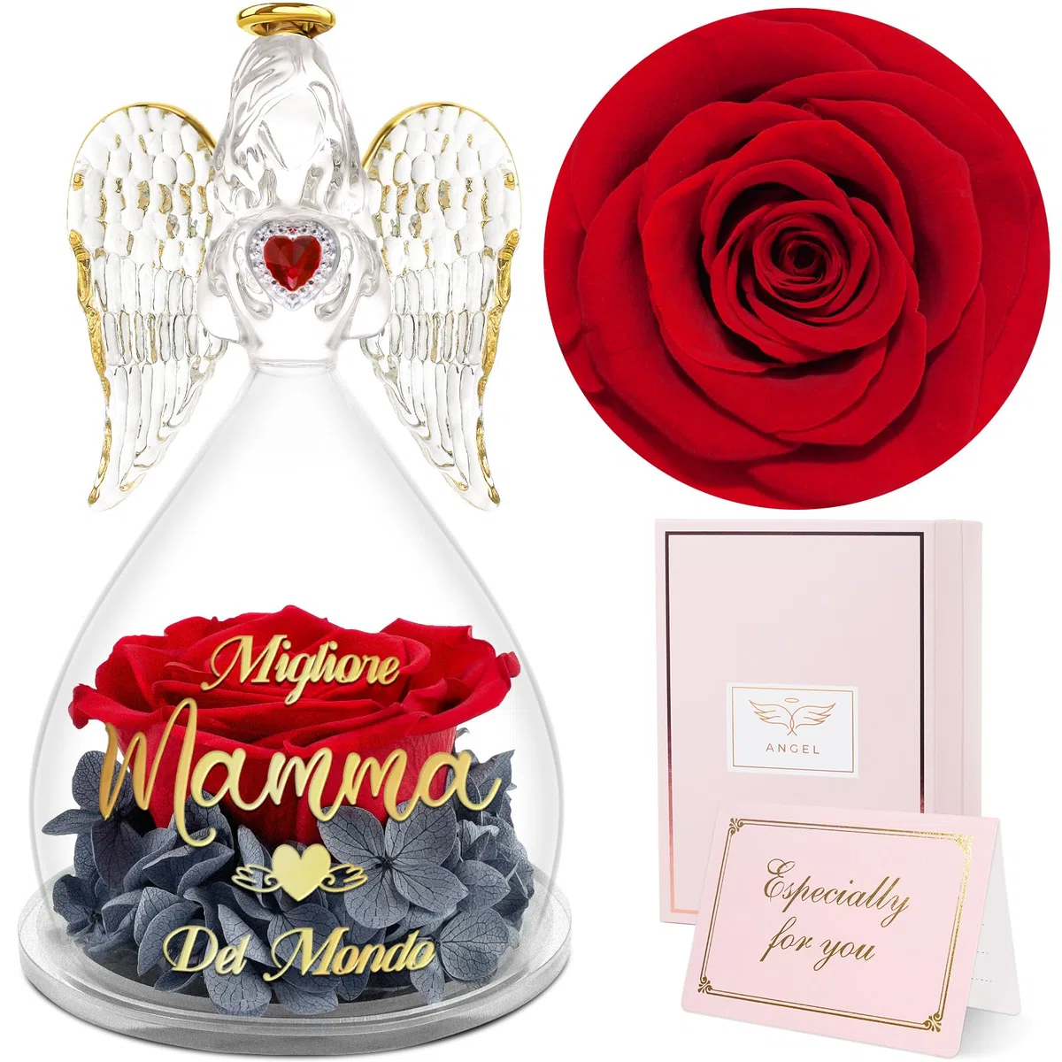 Sunia Festa della Mamma Idee Regalo, Rosa Eterna Angel stampata con Migliore Mamma del Mondo, Miglior Regalo per Mamma, Rose Stabilizzata Vera con Angelo di Vetro, Regali Festa della Mamma Originali