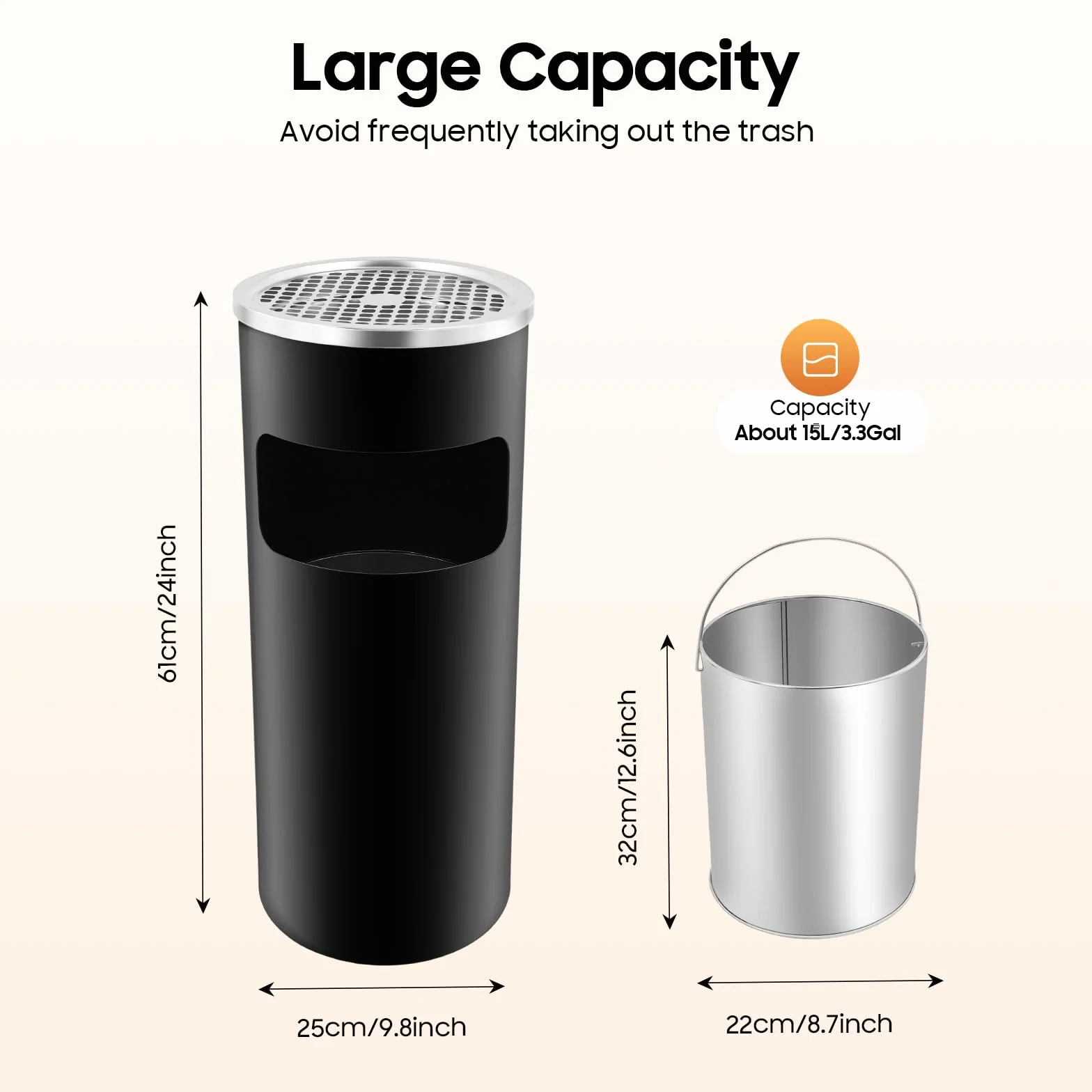 Posacenere da esterno, cestino con posacenere, cestino spazzatura esterno acciaio inox, cestino per la spazzatura per ufficio, cestino con secchio interno, 30 litri (nero)