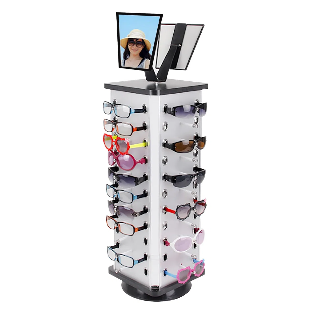 Supporto per occhiali da sole girevole, girevole a 360°, 44 pezzi, supporto per occhiali da sole con specchi per negozio, bancone, display commerciale