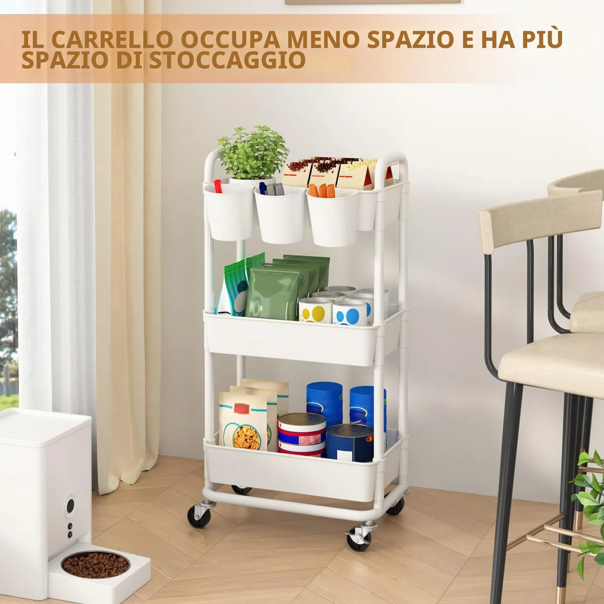 JIUYOTREE Carrello portaoggetti in plastica a 3 livelli con manici extra appesi e ruote bloccabili, per soggiorno, bagno, cucina, ufficio, bianco