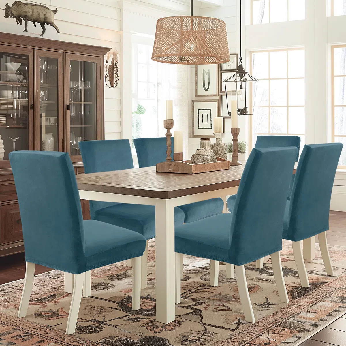 Velluto Coprisedie Con Schienale 6 Pezzi, Coprisedia Cucina Elasticizzato, Universale Copri Sedie Soggiorno, Fodera Sedia Con Schienale Alto, Chair Cover, Blu Pavone