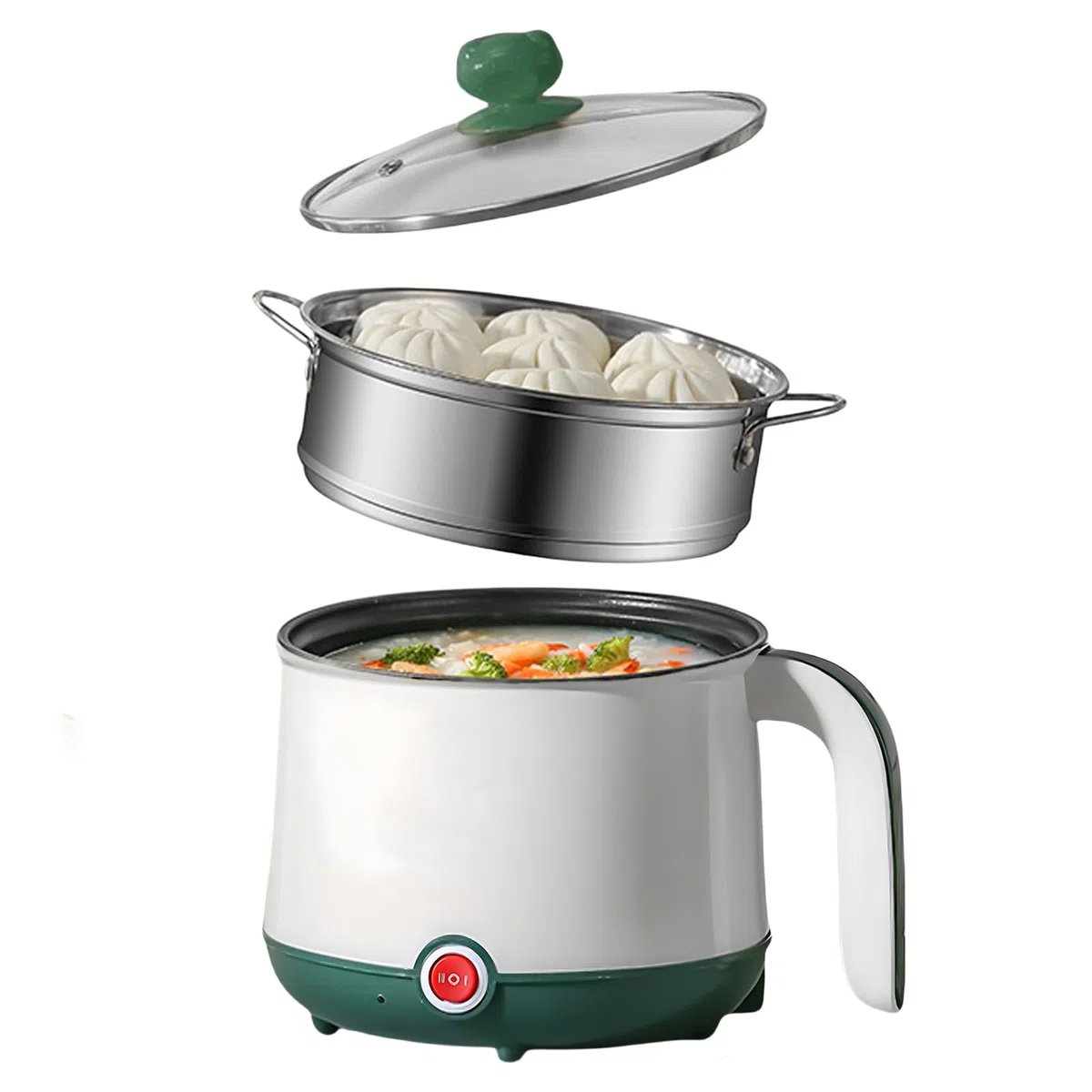 Mini fornello antiaderente, 1,8 l, pentola elettrica, pentola portatile, mini fornello portatile per bistecca, pasta, uova, avena, ramen, con vapore, verde (bianco + verde)