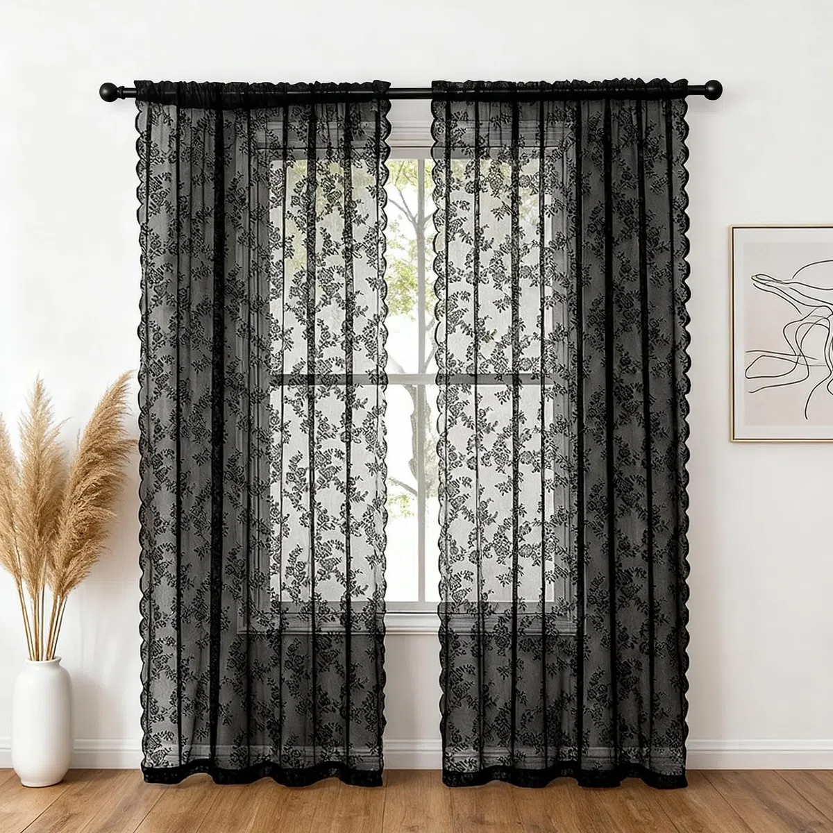 Tenda in Voile di Pizzo, 2 Pannelli Tende a Rete per Finestre 244 cm Drop, Eleganti Tende Trasparenti a Passanti, Filtraggio Luce Voile Neri per Camera da Letto Soggiorno, Tende per Finestre
